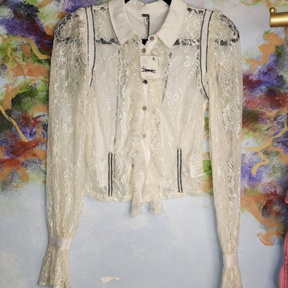 FREE PEOPLE Long Sleeve Lace Blouse with Ruffle Front Button - Picture 1 of 10